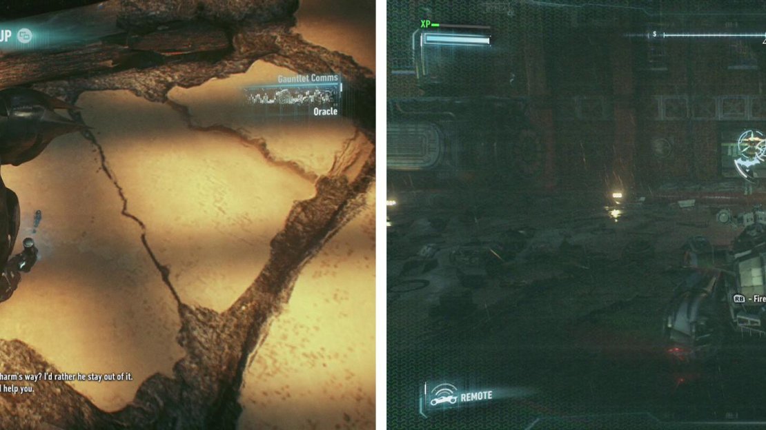 Drop through the floor using Explosive Gel (left). Open the window and have the Batmobile use the Power winch on the anchor point inside (right)