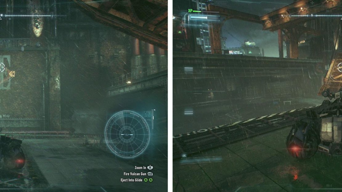 Shoot the weak wall (left). Then re-position the ramp (right) to jump into the hole.