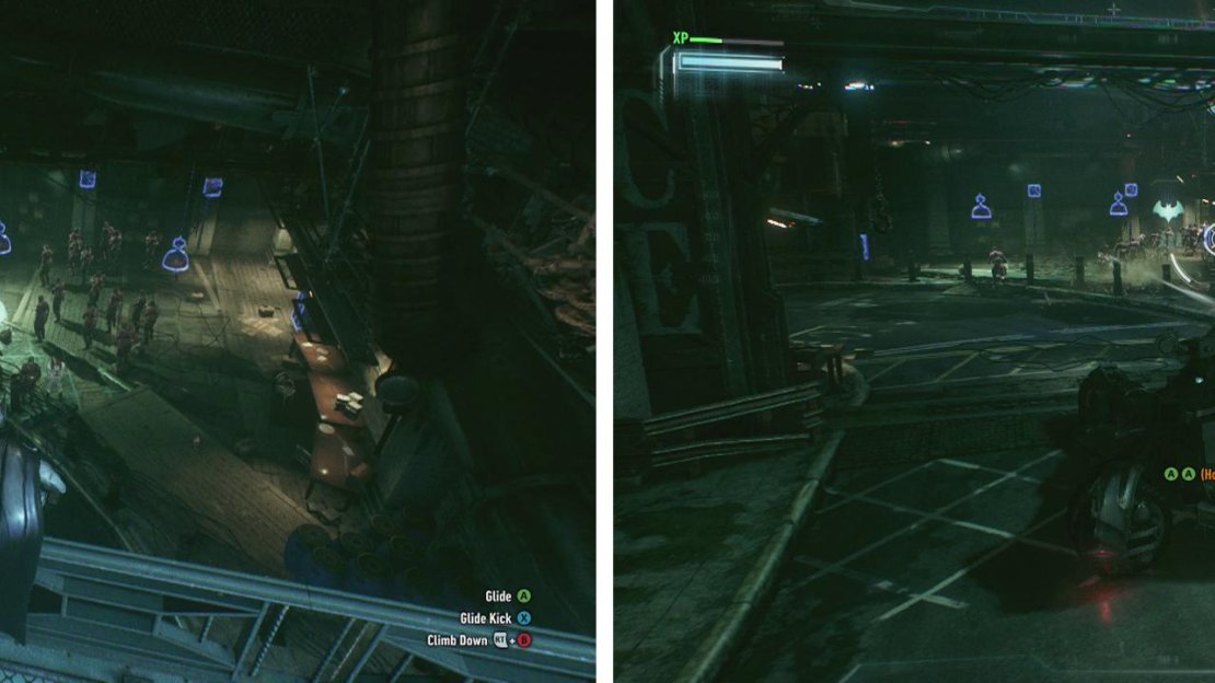 Grapple to the top of the gate (left). Drop down and unlock the door to bring the Batmobile through to fight the enemies (right).