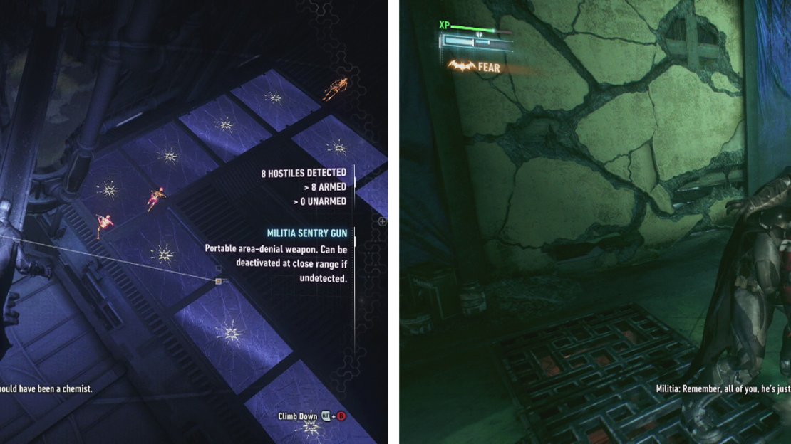 Use the girders at the top of the room to plan your attack (left). Pick off isolated targets silently to stay undetected (right).