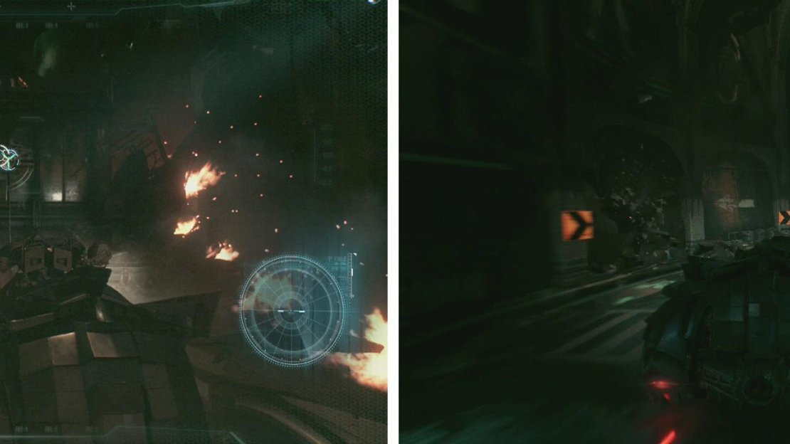 Pull down the wall with the Power Winch (left) and then race out of the facility ASAP (right).