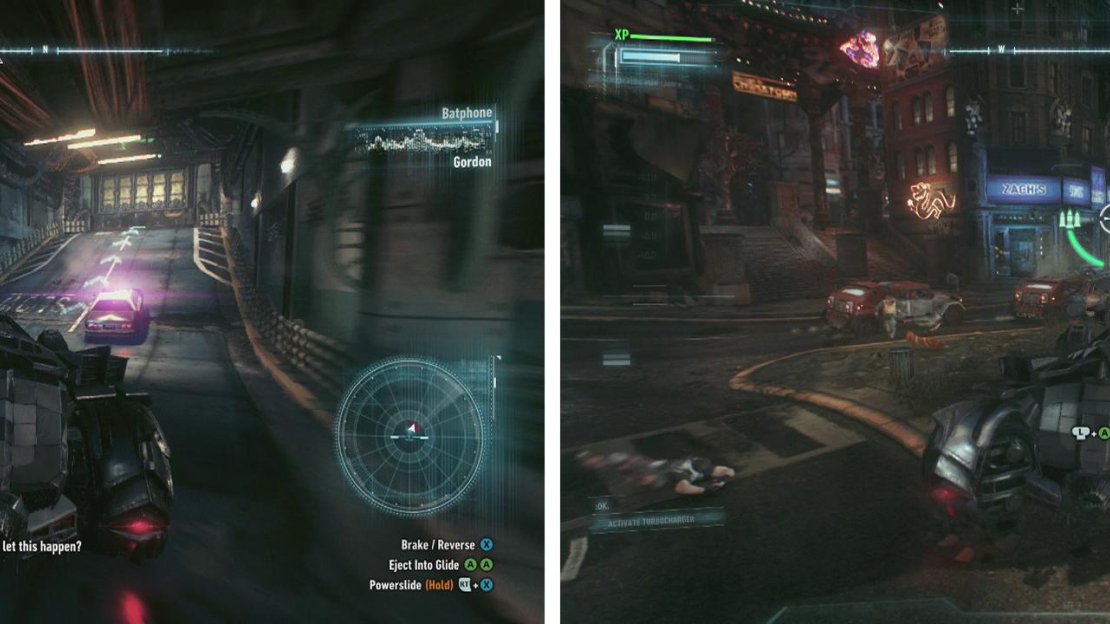 Exit the garage (left) and destroy the vehicles that attack Gordon (right).