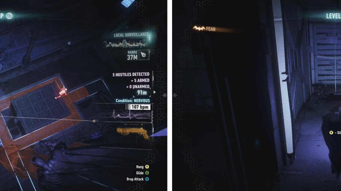 The floor gratings (left) are great for taking enemies down. Remember to use silent takedowns (right) to charge your Fear Multi-Takedowns.