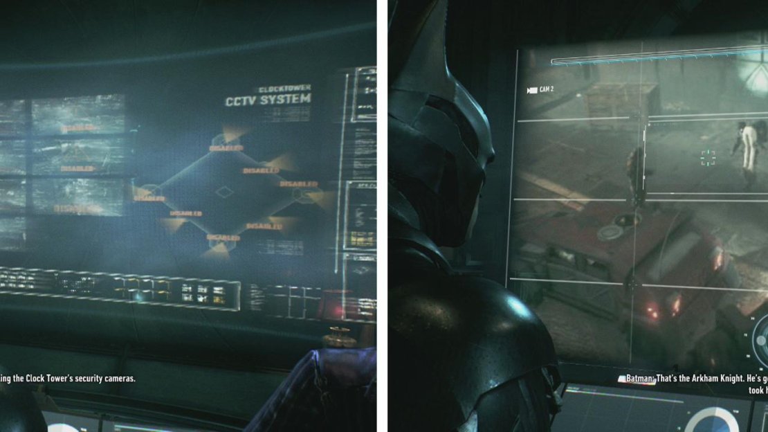 Enter the Clock Tower and use the Batcomputer (left). Scan the video (right) to update the objectives.