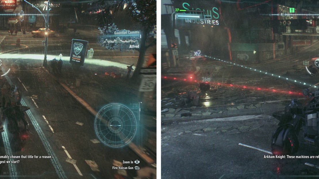 Use the Forensics mode to follow the tire tracks (left). Disarm the bomb and then fend off the Drone Tanks (right).