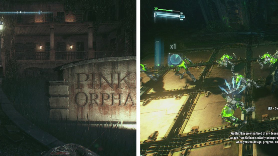 Make your way to Pinkney Orphanage (left). Inside you’ll need to fight off a group of Riddler Robots (right)