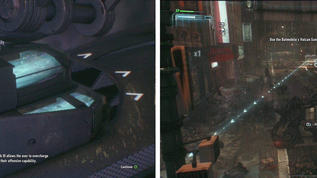 After picking up your new Batmobile Upgrade (left), you’ll be ambushed by Drone Tanks (right).