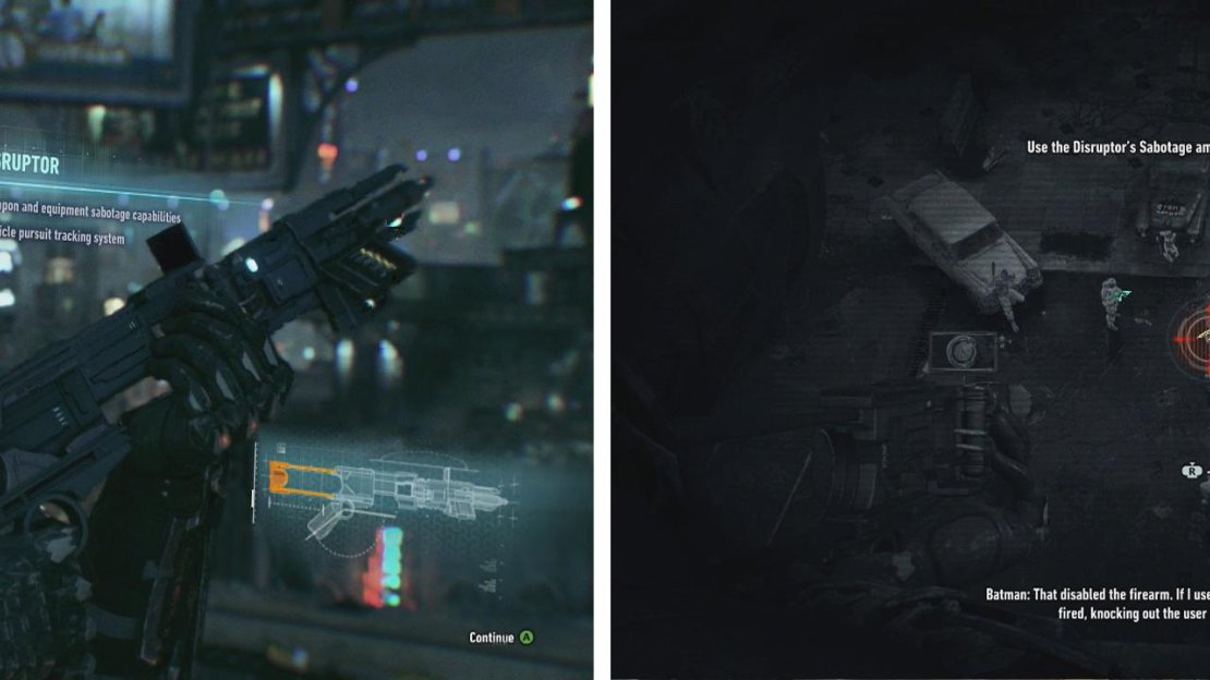 After getting the Disruptor (left) you’ll be able to sabotage enemy weapons and weapon crates (right).