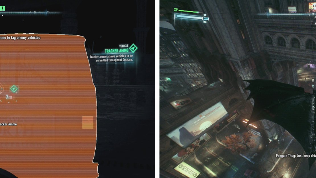 Shoot the Disruptor onto the van (left). Follow the van through the city from above (right).