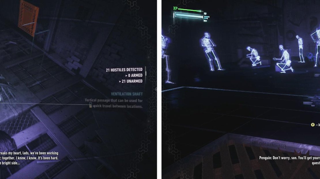 Once inside the building, look for the grating on the right (left). From sneak up on the target and interrogate him (right).