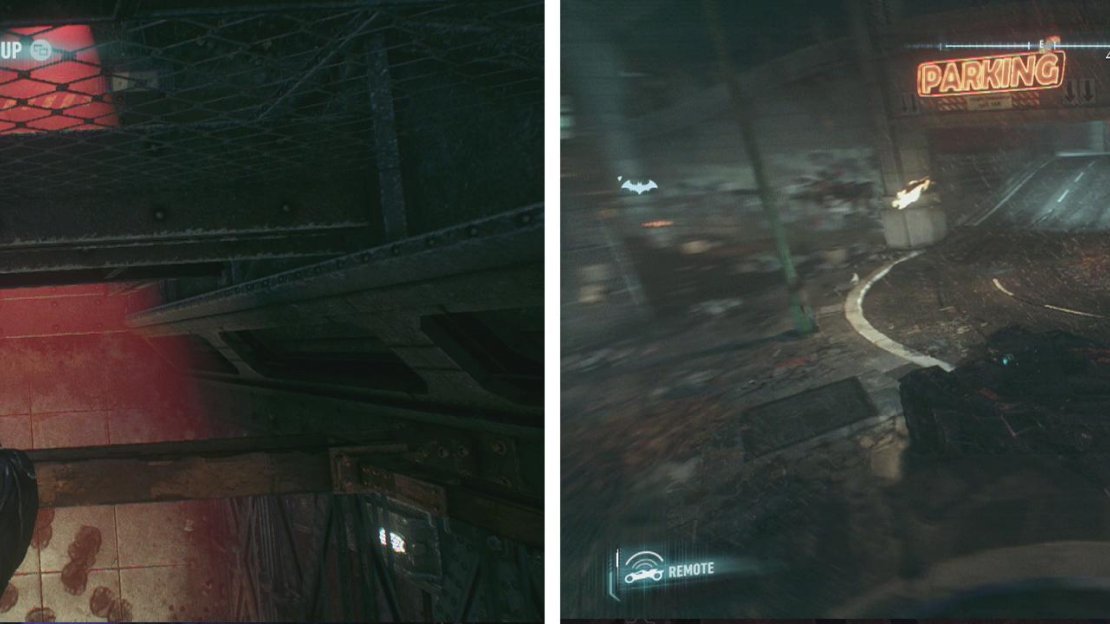 Upon returning to the roof, grapple up to the girders above (left). Use Remote Batmobile Control and dive to the top of the car park (right) to elimnate the ambushers.