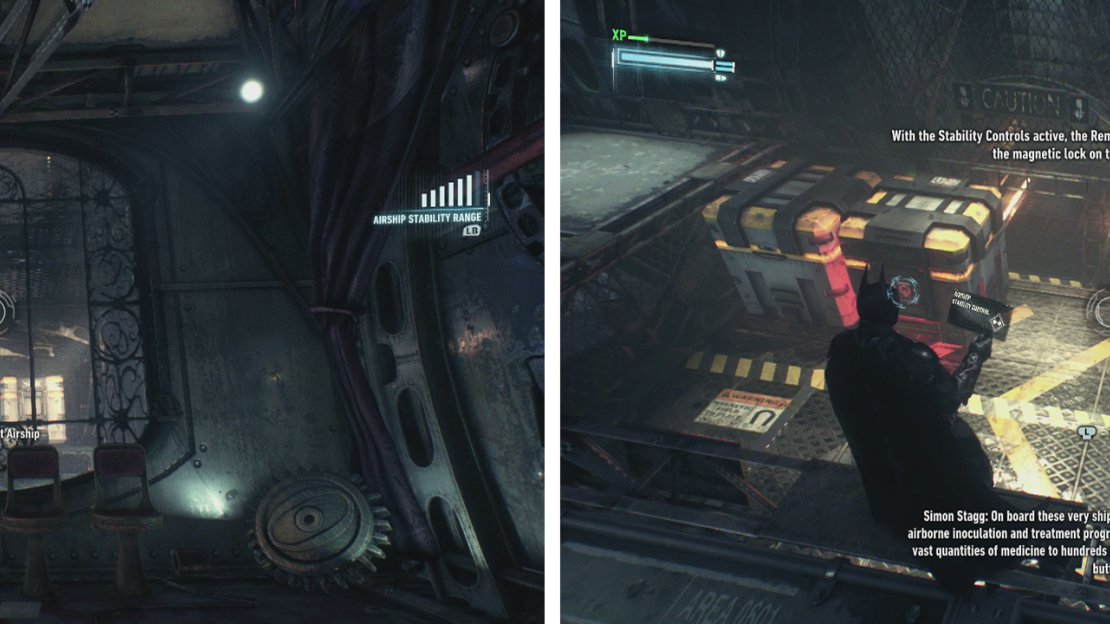 Use the stability controls to shunt the crate out the window (left). Climb down and manipulate the crates to get through (right).