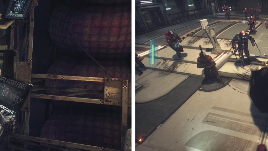 Use the Remote Hacking Device to open the door (left). Drop down and fight the enemies within the next room (right).
