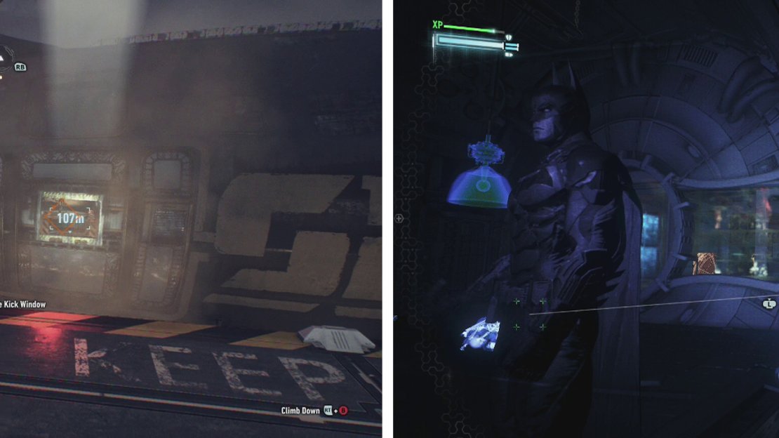 Glide kick the window on the second airship (left). After clearing the enemies, remove the weak wall with Explosive Gel (right)
