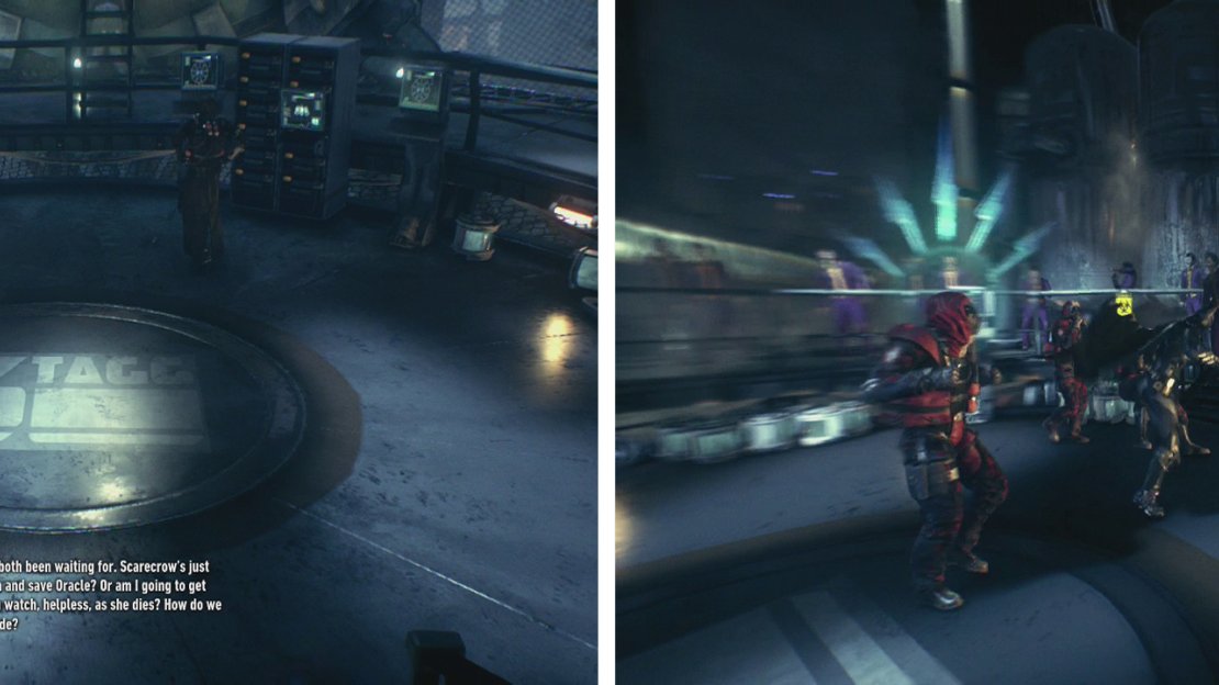 Approach either figure for a scene (left) and then fight off the enemies that appear (right).