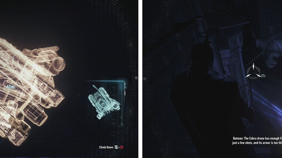 Exit the GCPD precinct and use the rooftops to scan the Cobra Tank from various angles.