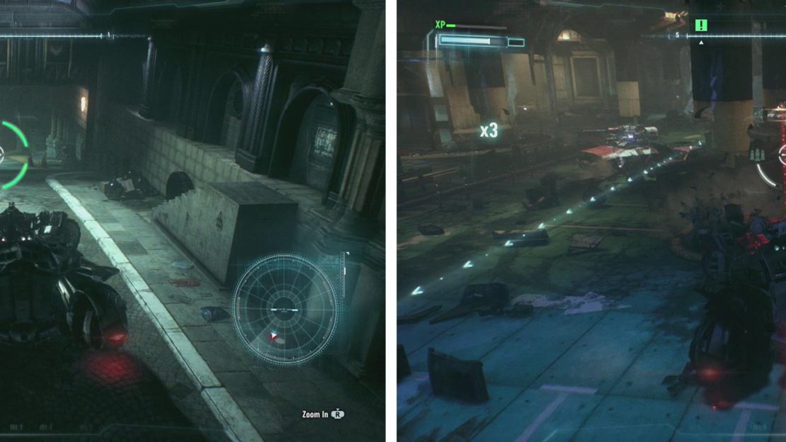 Head into the basement of Wayne Tower (left) for a large-scale Drone Tank battle (right).