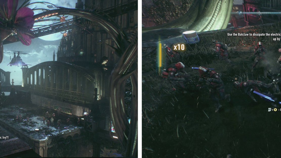 After triggering the plant (left). Fly to the nearby rooftop and take down the enemies in melee combat (right).