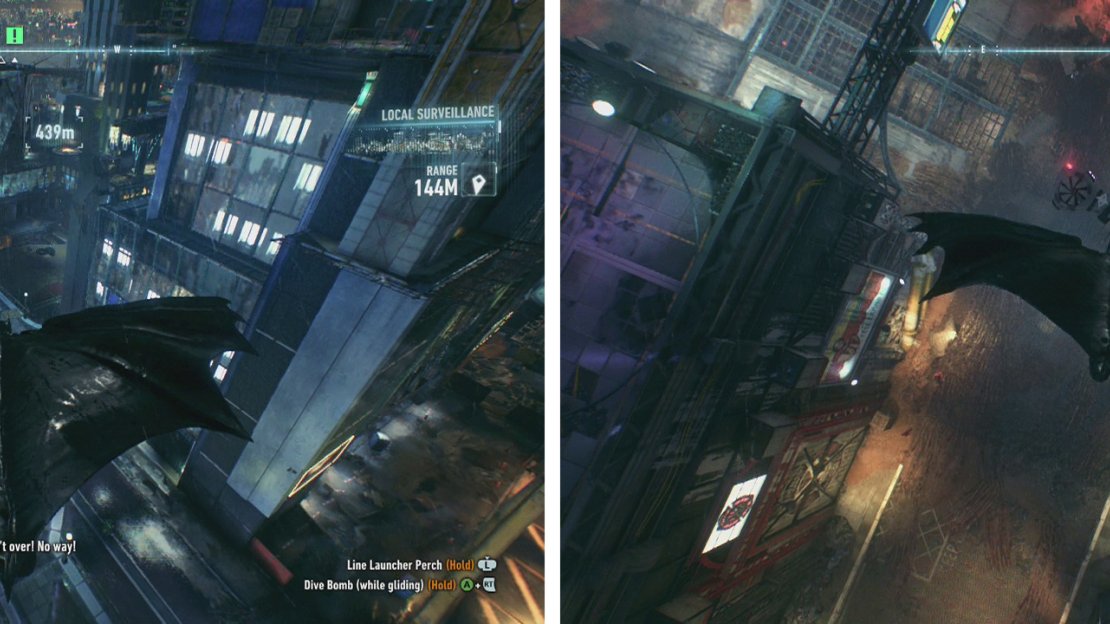 Follow the objective marker to the Drone (left). When you find it, dive down from above to land on it (right).