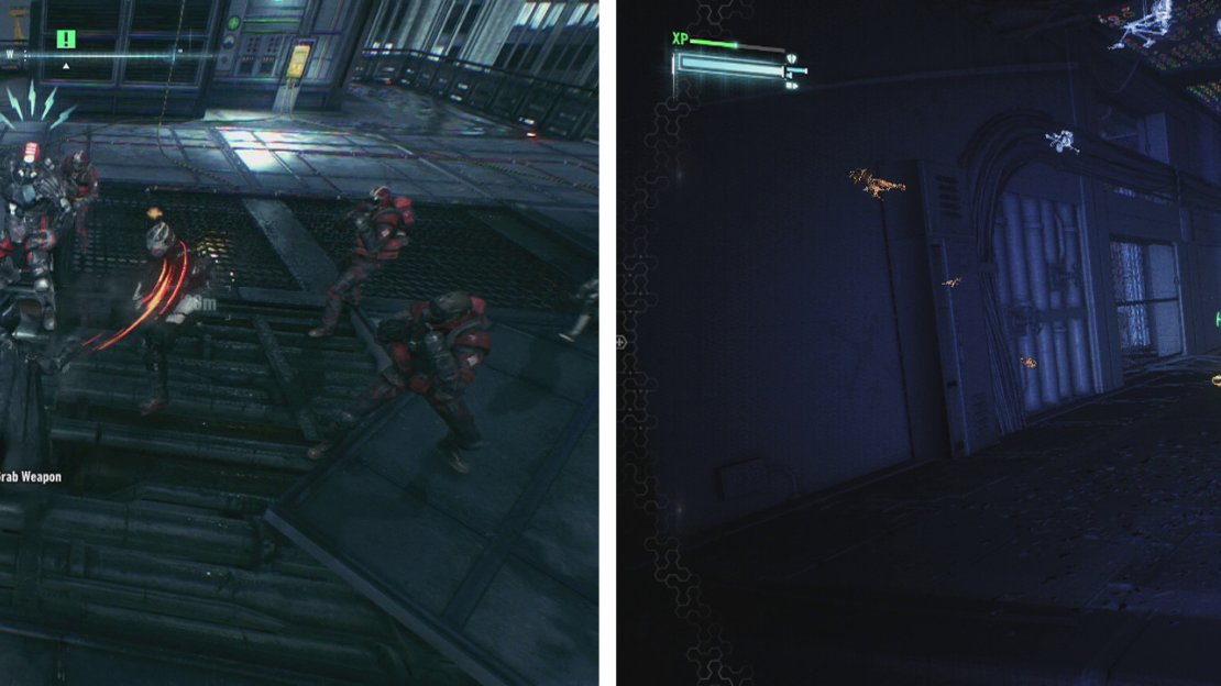 Beat up the enemies on the rooftop (left) before proceeding carefully to the teminal, blinding the Sentry Turrets as you go (right).