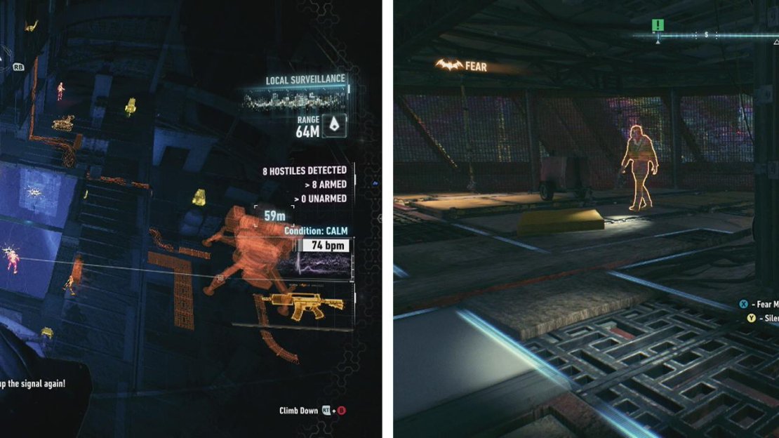 Use the various hig places to observe the enemies (left). Make good use of Fear Multi-Takedowns (right).