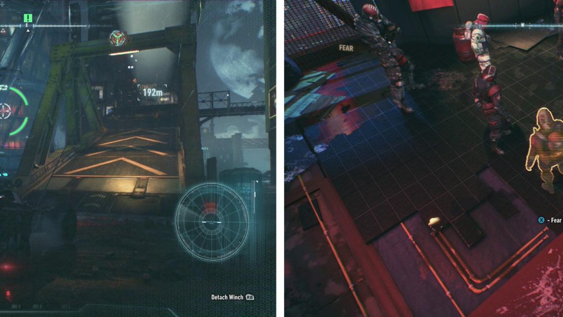 Interact with the ramp in the Batmobile (left). Use a Fear multi-Takedown when the room fills with enemies (right) - try to get a Medic!