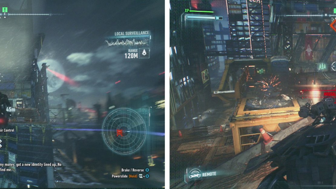 Jump the gap using the ramp (left) and in Battle Mode take out the Missile Turret (right).