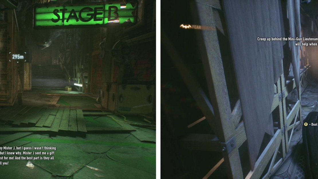 Enter Stage C first (left). Sneak up behind the Minigunner and perform a dual takedown (right).