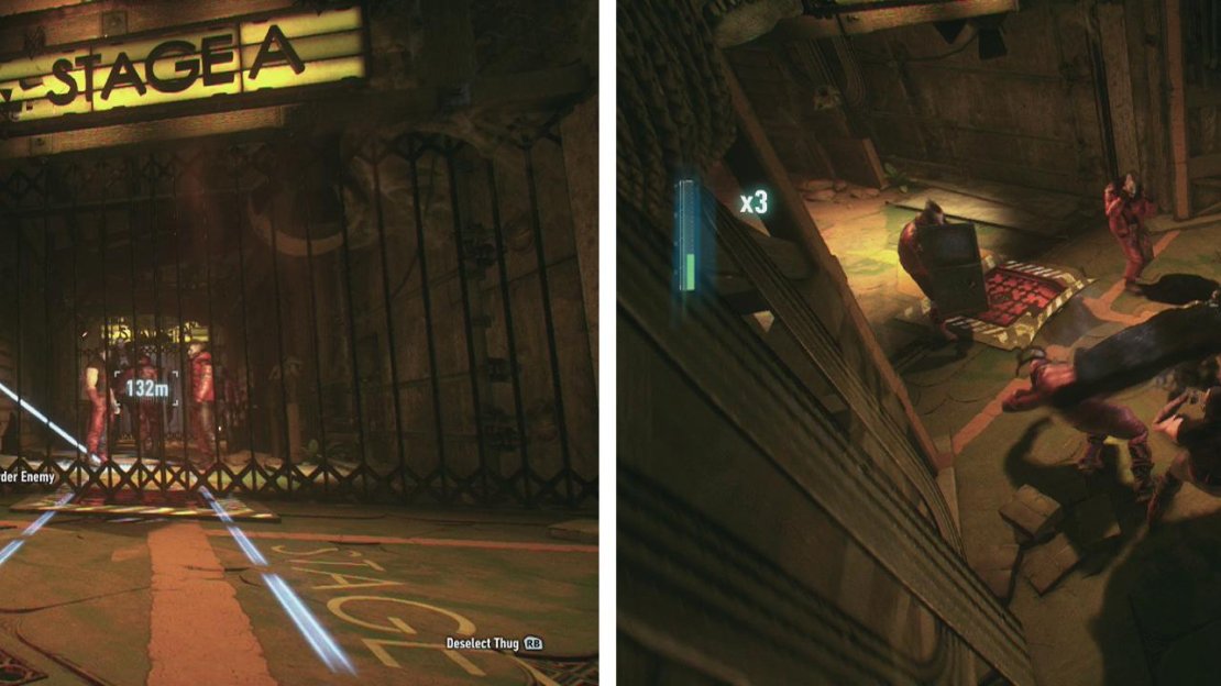 From the vent use the Voice Synthesizer to have a guard open the gate (left) and eliminate the enemies within (right).