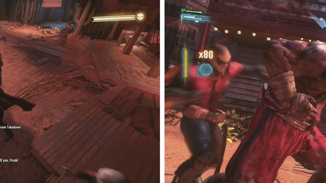 Fight the enemies (left) and then use a dual takedown to damage the boss (right).