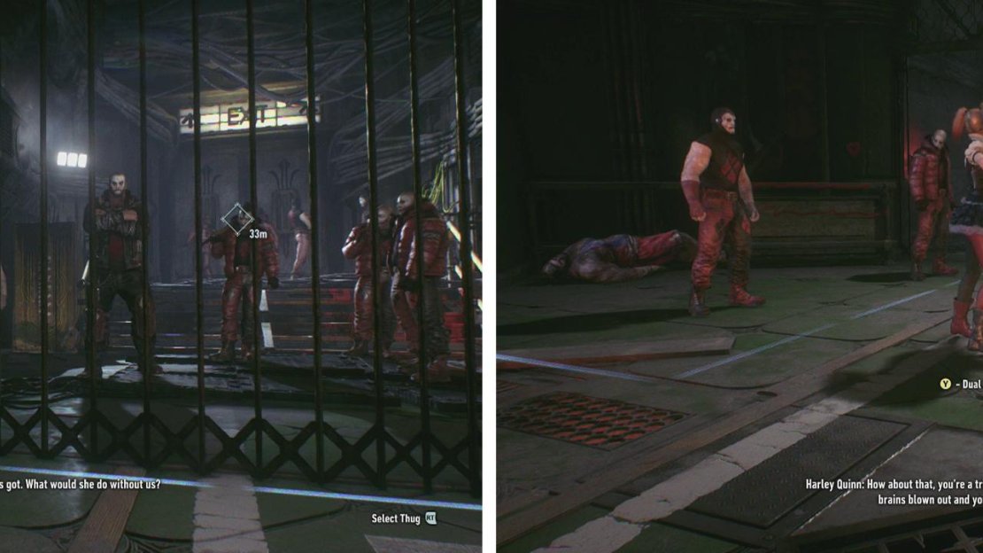 From the vent use the Voice Synthesizer to have a guard open the gate (left) and garb Harley (right) when she walks by the vent.