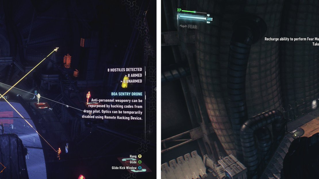 This room has two Boa Drones and a number of vantage points (left). Make use of the Voice Synthesizer/ Remote Hacking Device for some easy takedowns (right).