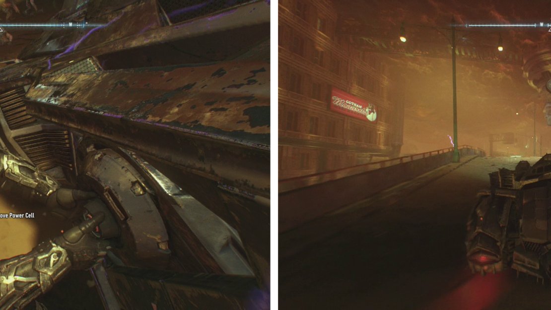 Exit the airship and fly over the objective marker (left). Remove the cylinder from the Batmobile and replace it (right).