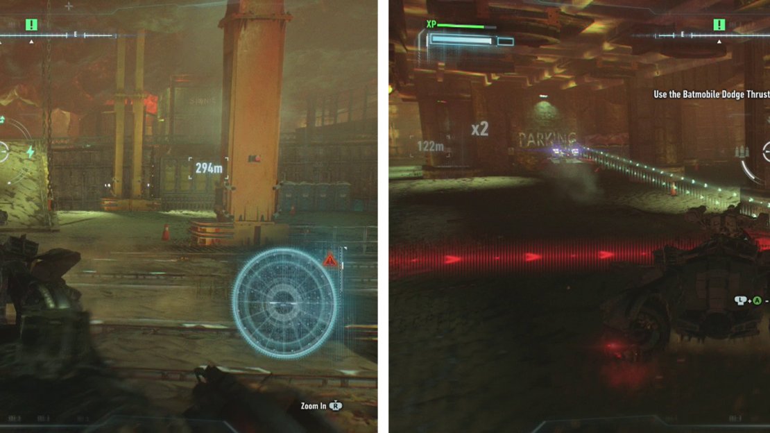 Use the ramp to enter the inner section of Port Adams (left). Fight off the Drone Tanks in here too (right).