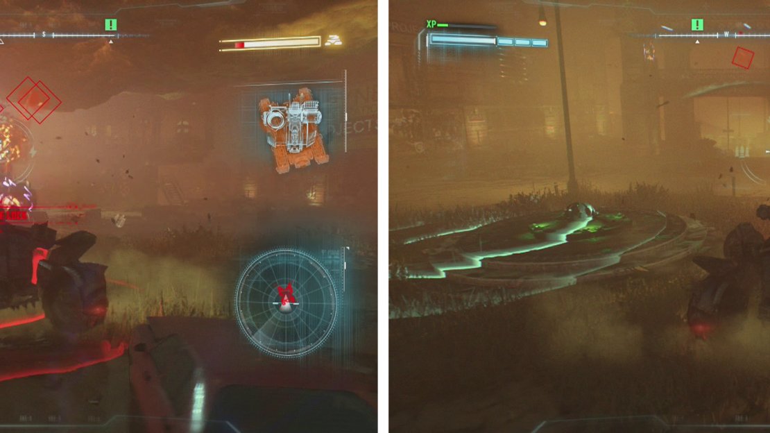 Use dodge to avoid the red grenade indicators and shoot down the missiles (left). Focus on shooting the yellow weak spot on the front of the tank (right).