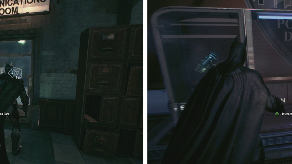 In the GCPD precinct go to the ‘Communications Room’ (left). Head to the ‘Evidence Room’ and grab the Remote Electrical Charge gadget (right).