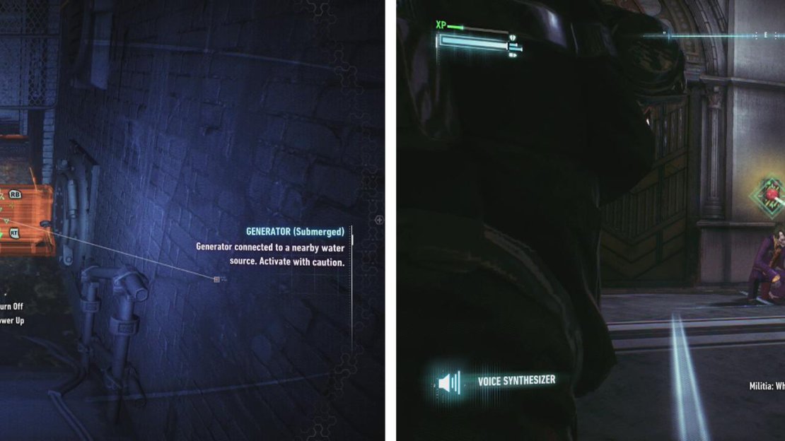 Use the Remote Electrical Charge to get throughthe water (left). Use the Voice Synthesizer to have a guard open the shutter (right).