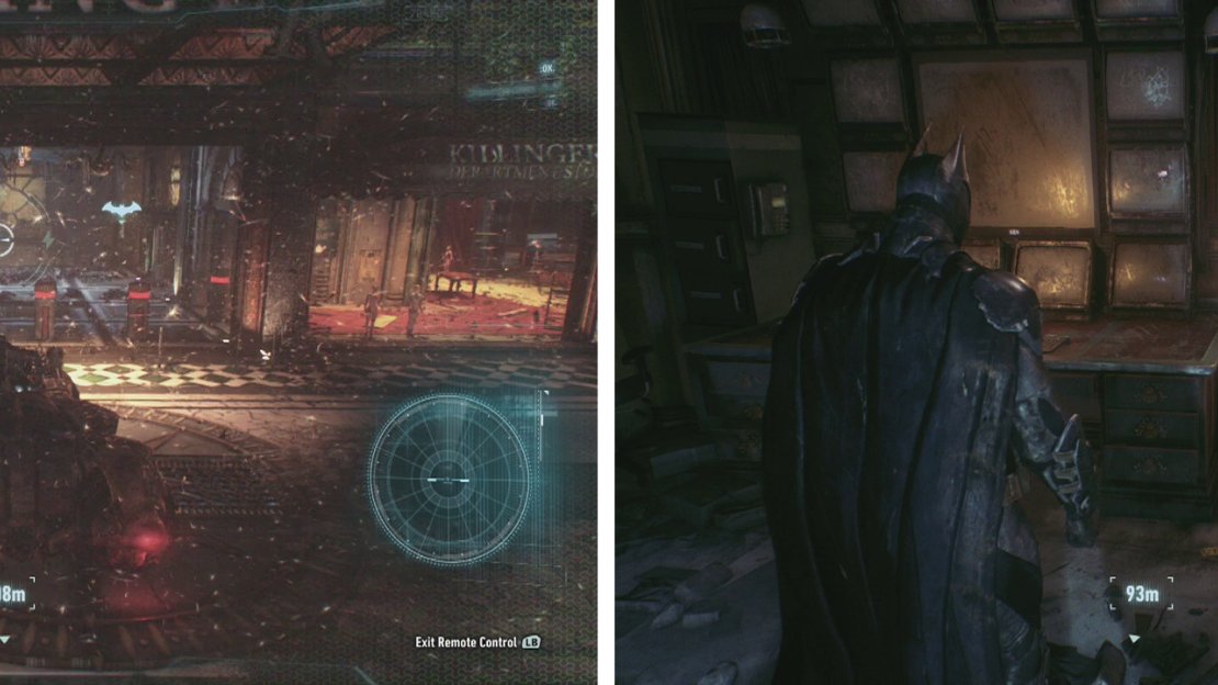 Use the Batmobile to destroy the weak wall (left). Glide down into the hole and pull the lever (right).