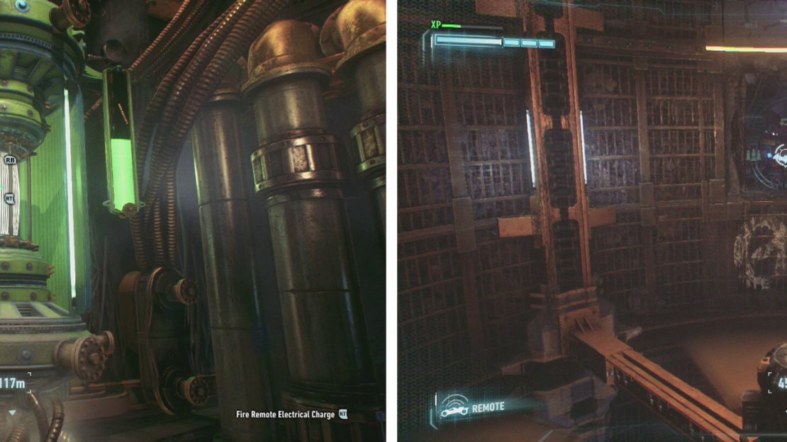 Use the Remote Electrical Charge on the generators (left). Drive down past the stopped fan and destroy the weak wall opposite (right).