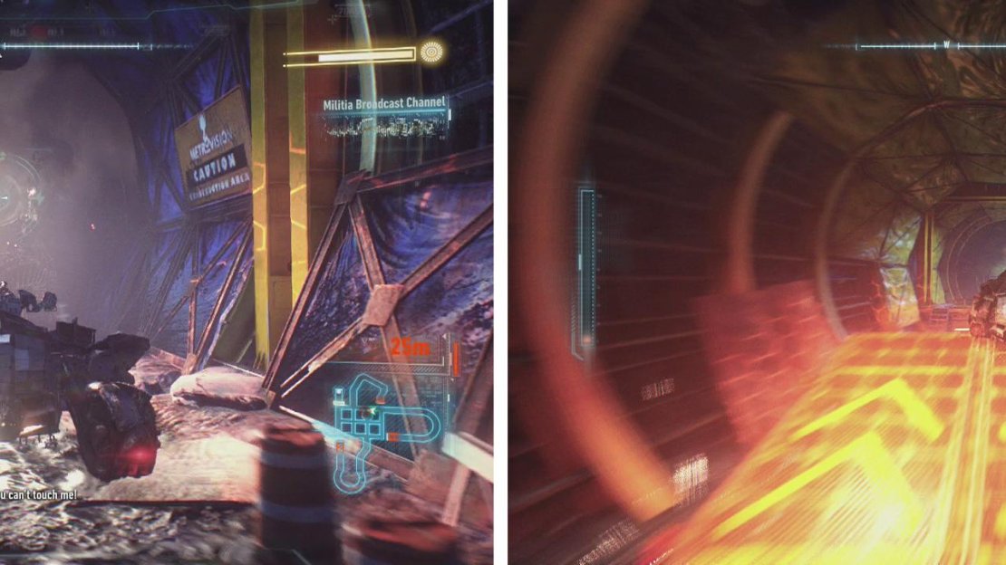 Shoot the Excavator to get its attention (left) and then drive through each of the tunnels (right) to damage it.