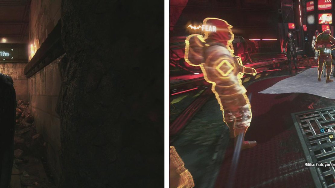 Cllimb up the ledge at the end (left) and perform a Fear Multi-Takedown from the grates (right).