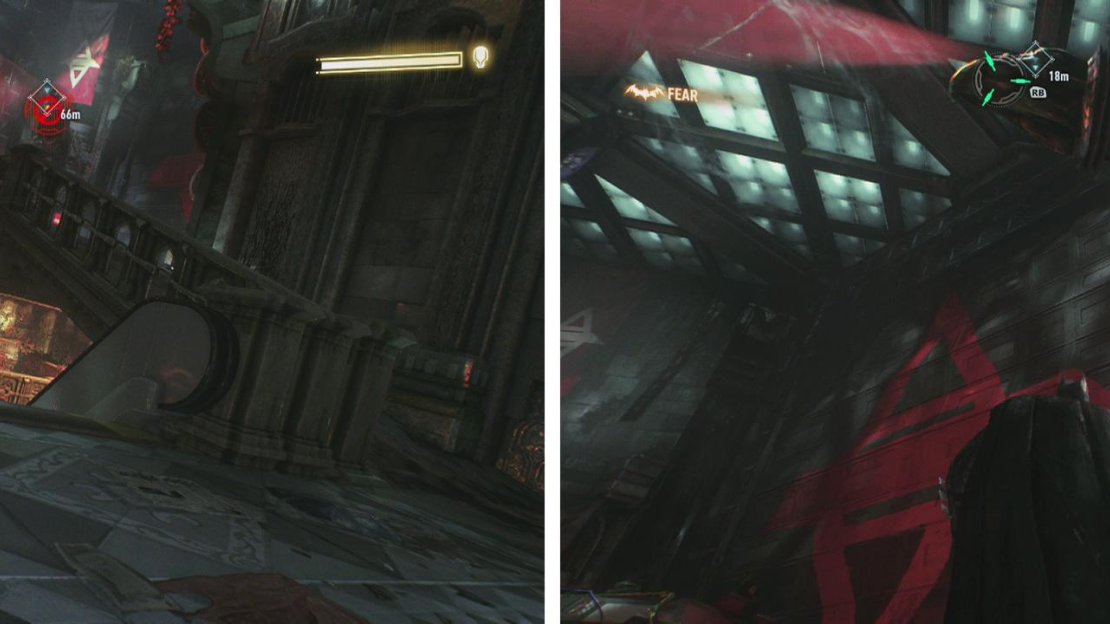 The Knight will sit on a vantage point and look across the room (left). We need to get below him and grapple up to his position (right).
