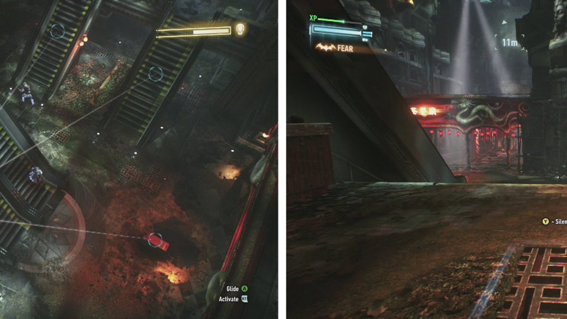 Use the escalators to create distractions (left) and the vents for silent takedowns (right).