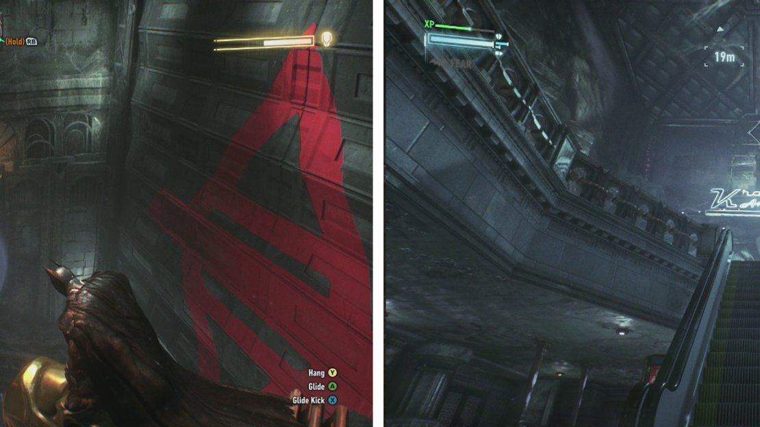 Watch out for mines being planted on vantage points (left). Use the floor and the stairs to position yourself below the Knight a third time (right).