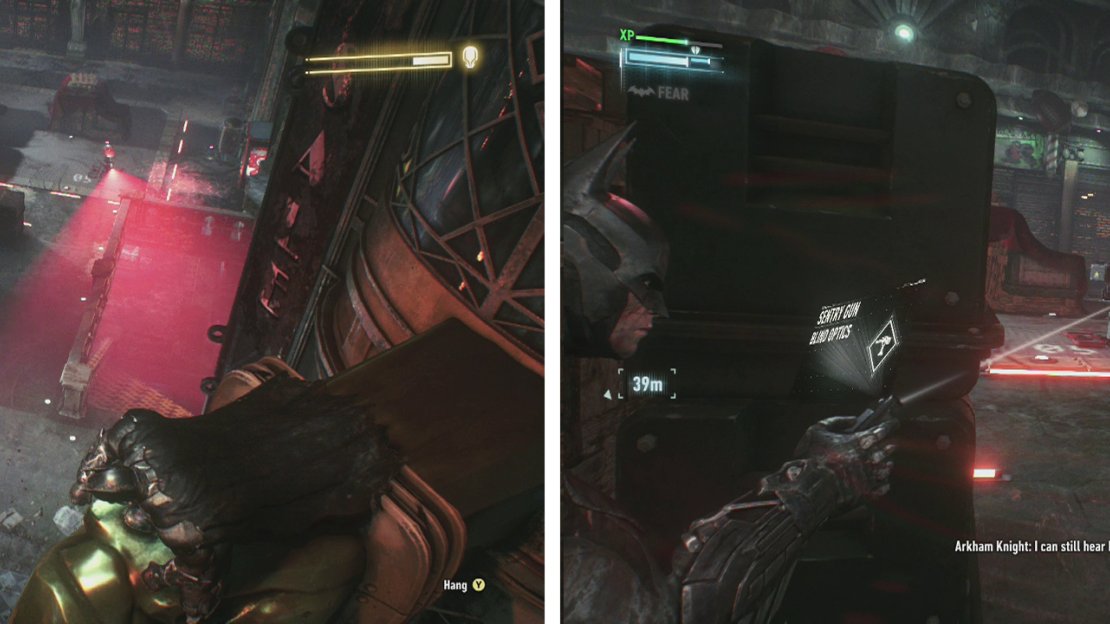 We’ll need to work our way through the Sentry Turrets (left), be sure to use your Remote Hacking Device to blind them (right).