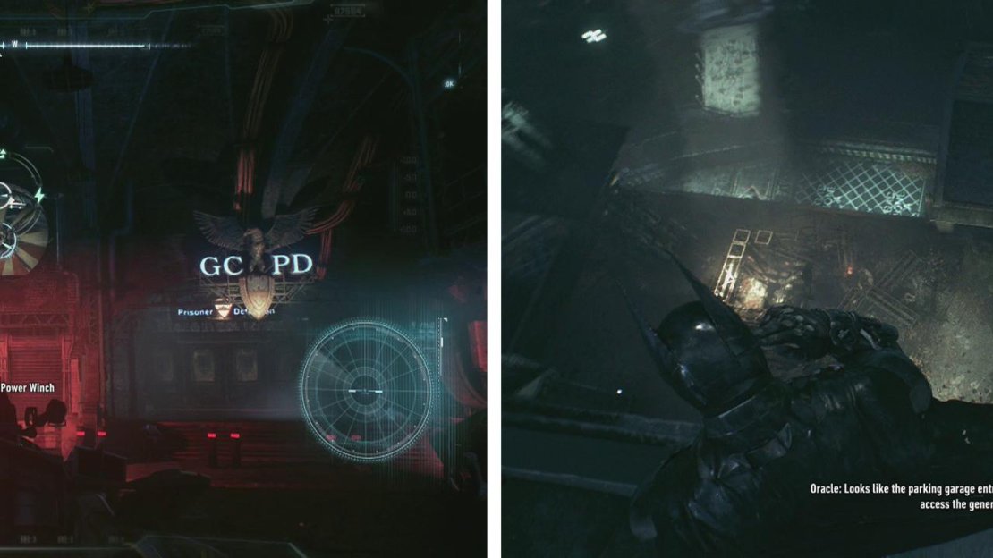 After clearing the car park, pull down the vent for a passage to the roof (left). Approach the generator (right).
