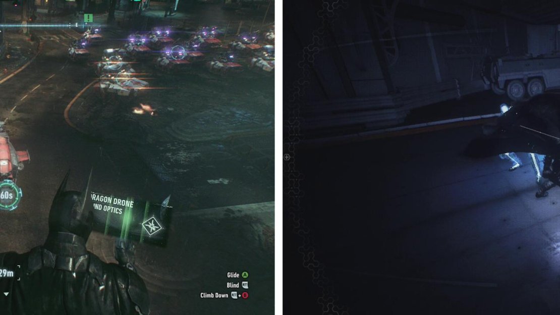 Use the Remote Hacking Device on the Dragon Drone (left) and then duck into the garage to take on a large number of militia (right).
