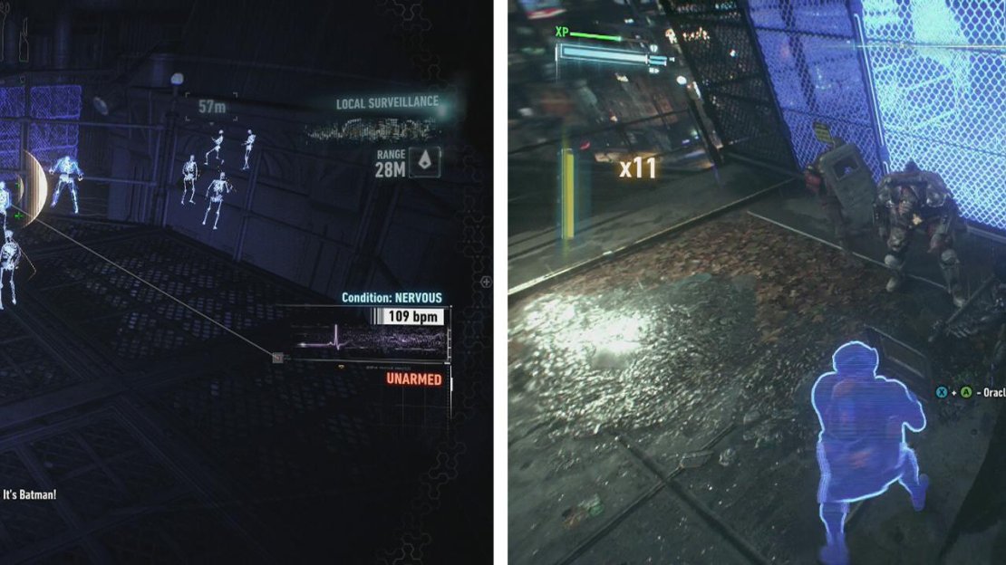 The hardest fight in the game awaits you on the GCPD rooftop (left). be sure to use the environmental takedowns available (right) to take out the trickier enemies.