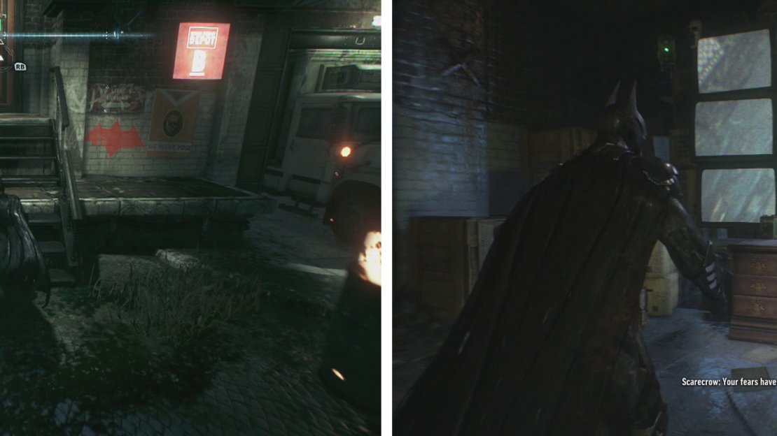 Head to the doorway beneath Mercy bridge (left) and place your gadgets on the table below the televisions (right).