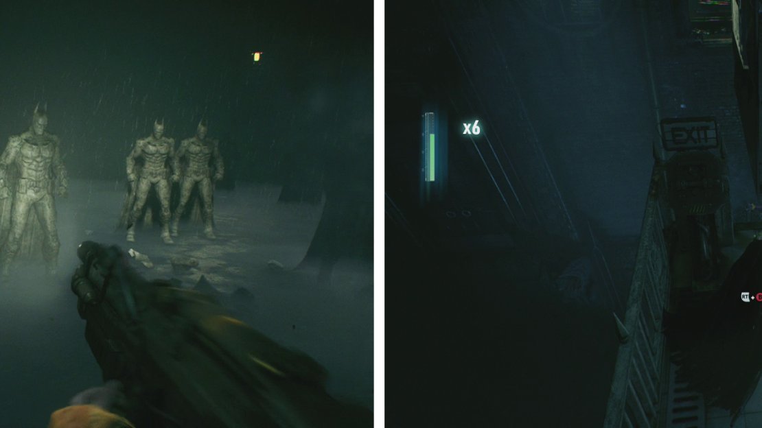 Destroy the statues until a scene plays (left).You’ll need to perform a environmental takedown to end the final fight (right).